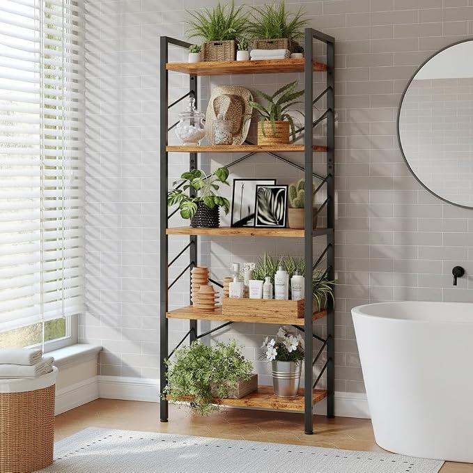 DurayLoly 2 Pieces 5 Tier Bookshelf, Tall Bookshelf with Metal Frame and Sidebars, Modern Bookcase for Bedroom, Home Office and Living Room, Rustic Brown