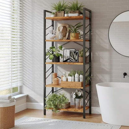DurayLoly 2 Pieces 5 Tier Bookshelf, Tall Bookshelf with Metal Frame and Sidebars, Modern Bookcase for Bedroom, Home Office and Living Room, Rustic Brown
