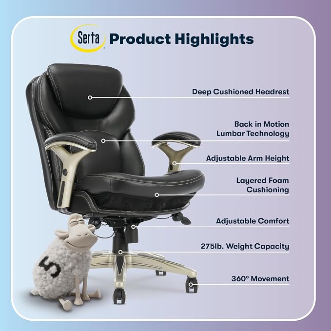 Serta Claremont Ergonomic Executive Office Chair with Back in Motion Technology, Adjustable Mid Back Desk Chair with Lumbar Support, Bonded Leather, Black