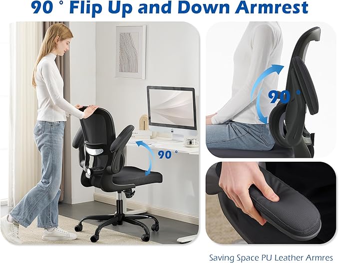 TRALT Ergonomic Office Chair - Desk Chair with Adjustable Headrest Lumbar Support Computer Chair - Mesh Comfy Chair with Flip-up Armrests - Gaming Chair for Adults Home Office PU, Black, Pack of 2