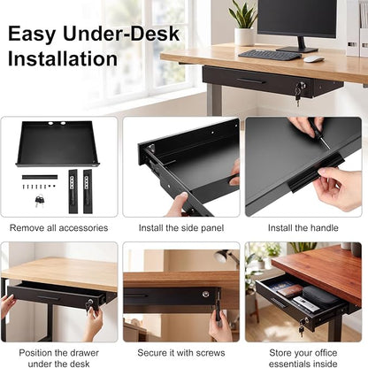 Menkxi 22'' x 14'' Under Desk Drawer Slide Out Storage Organizer, Lockable Metal Desk Drawer for Laptop and Office Accessories, Large Hidden Under Table Storage Box with Cable Management, Black