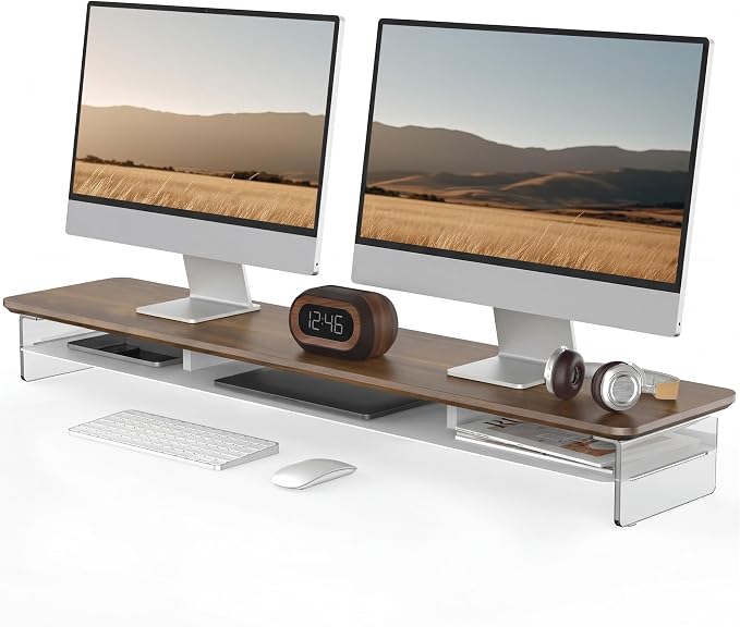 Fenge Acrylic Monitor Stand Riser, 42.5 Inches Dual Monitor Stand with Metal Storage, 2 Tier Acrylic Computer Riser for Desk, Clear Laptop Stand for PC, Laptop, Printer, TV, Brown