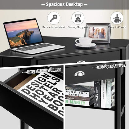 KOTEK Corner Desk with Drawer and Shelves, Wooden Home Office Desk Triangle Computer Desk, Writing Study Desk Computer Workstation, Makeup Vanity Table (Black)