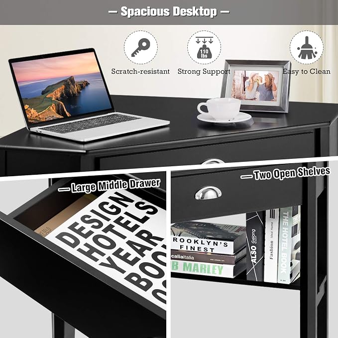 POWERSTONE Corner Desk for Small Space - Triangle Computer Writing Desk Corner Makeup Vanity Table with Storage Drawer & Shelf for Home Office, Workstation, Living Room, Bedroom,Black