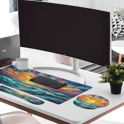 Britimes Gold Sun Ocean Keyboard Mouse Pad Set Boho Colorful 4in1 Large Mousepad+Keyboard Wrist Rest+Mouse Wrist Rest+Coaster Ergonomic Design for Home Office Computer 35.4x15.7 inches