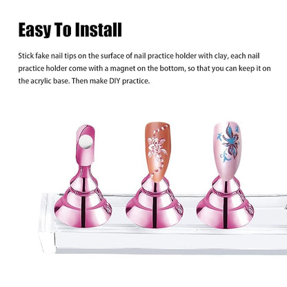 JUSTOTRY 4 Sets Pink Nail Stand for Press on Nails Display, Magnetic Fake Nails Holder for Painting Nails Practices, Beginner Acrylic Nail Art Kit Accessories, Nail Salon Equipment and Decor
