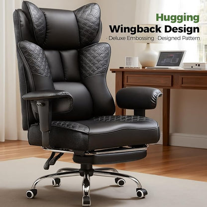 GTPLAYER Big and Tall Office Chair Wide Ergonomic Gaming Chair with Deluxe Embossing Designed Leather with Foot Rest,150°Reclining Adjustable Soft Armrests Pocket Spring Back Support and Pillow