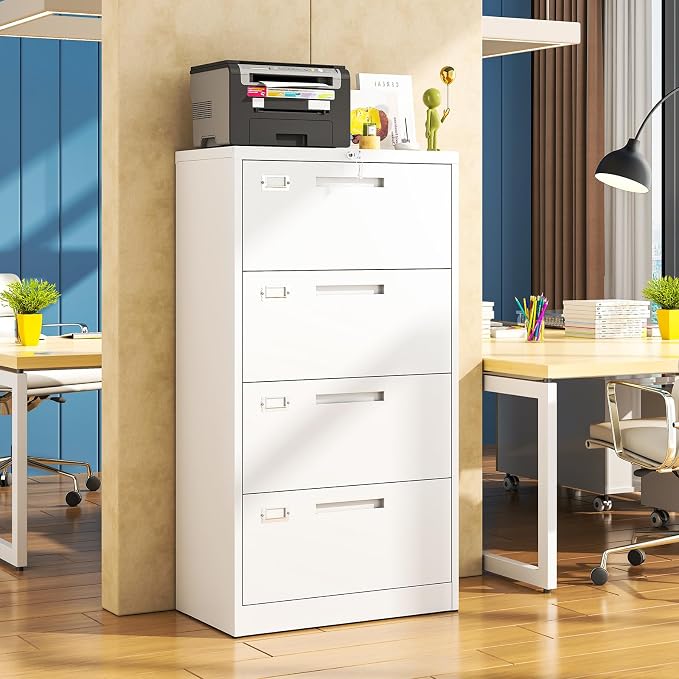 Metal Lateral 4 Drawer File Cabinet with Lock, Wide Filing Cabinet for Home Office Organization Hanging Files Letter/Legal/F4/A4 Size (White, Assembly Required)