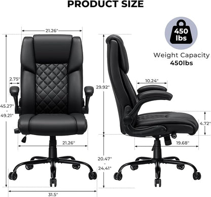 VANSPACE Executive Office Chair Big and Tall 450lbs Heavy Duty Desk Chairs with Adjustable Lumbar Support High Back Home Computer Leather Chair with Flip-up Armrests for Heavy People,Black