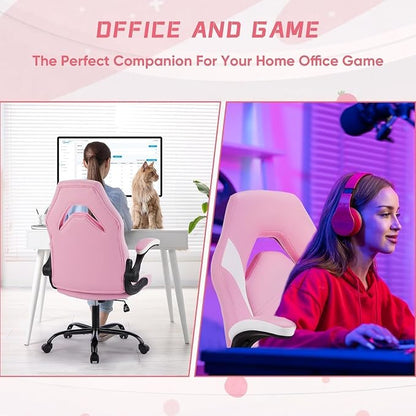 OLIXIS Computer Gaming Desk Chair - Big and Tall Ergonomic Lumbar Support with Flip-up Armrest and 360° Swivel Wheels, PU Leather Height Adjustable, for Home and Office, Pink and White