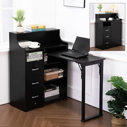 Fold Out Desk,Folding Desk with Storage,Lockable Drawers & Shelves, Built-in Power Outlet,Hidden Desk for Study and Home Office