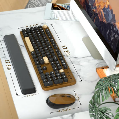 Retro Wireless Keyboard and Mouse Combo with Wrist Rest - Aesthetic Typewriter Style, Full-Size Clicky Tactile Floating Round Keys, 2.4GHz Ergonomic Set for Mac, Windows(Coffee Color)