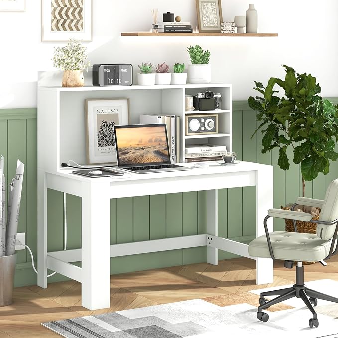 GOFLAME Computer Desk with Hutch, Home Office Desk with 2 Power Outlets, USB & Type-c Charging Ports, 3 Storage Shelves, Cable Hole, Writing Desk, Modern White Laptop PC Desk for Study, Office