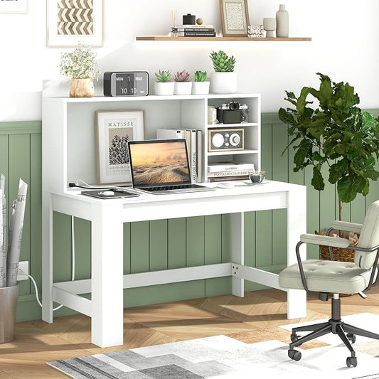 GOFLAME Computer Desk with Hutch, Home Office Desk with 2 Power Outlets, USB & Type-c Charging Ports, 3 Storage Shelves, Cable Hole, Writing Desk, Modern White Laptop PC Desk for Study, Office
