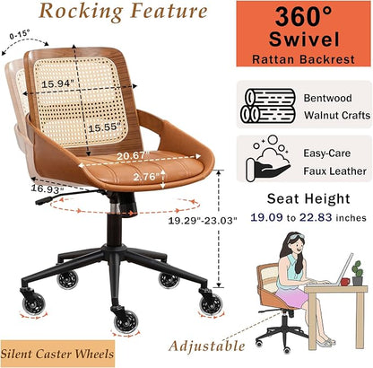 Home Office Desk Chair with Ergonomic Rattan Backrest, Walnut Crafts, Curved Arms, Faux Leather, Caster Wheels, Height Adjustable, Computer Chair (Walnut Brown)