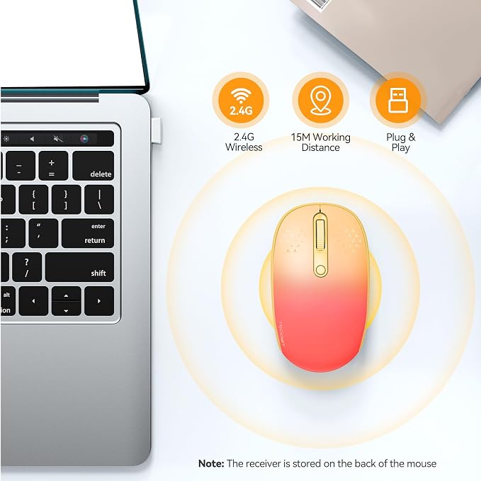 TECKNET Wireless Mouse, 2.4G Quiet Computer Mouse with USB Receiver, 4 Buttons Portable Cordless Mice for Chromebook, Laptop, PC, Mac, 800/1200/1600 DPI - Red-Pink Gradient
