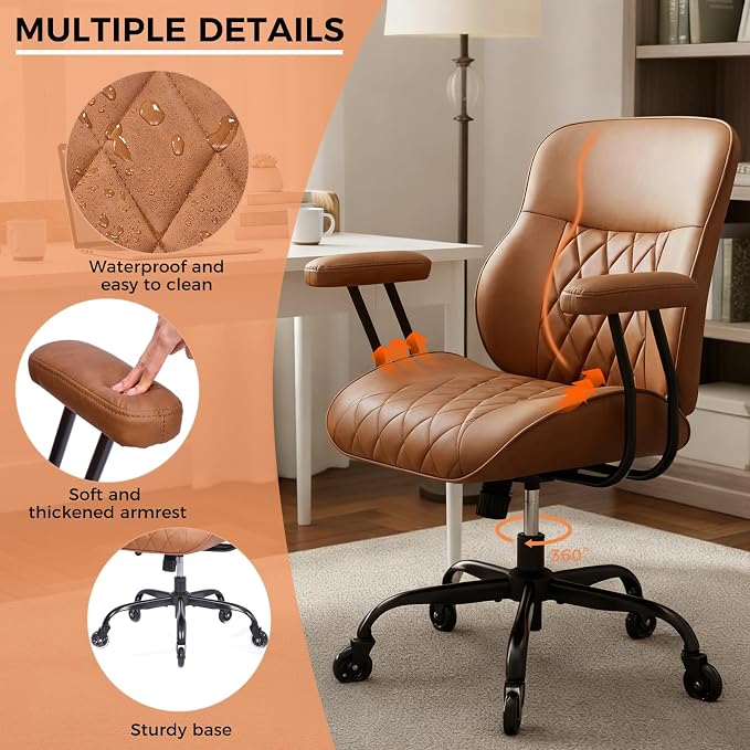 BEWISHOME Brown Leather Office Chair with Quiet Rubber Wheels | 380 lb Capacity, 22" Wide Seat, Removable Armrests, Lumbar Support ,Ergonomic Design for Home Office. Mid Century Modern