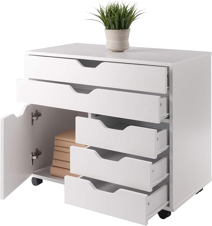 Winsome Halifax Mobile Storage Cabinet with 1 Door & 5 Drawers in White, Stylish & Functional Home Storage Cabinet for Filing, Kitchen Organization, Moveable Furniture for Office, Dorms, Apartments