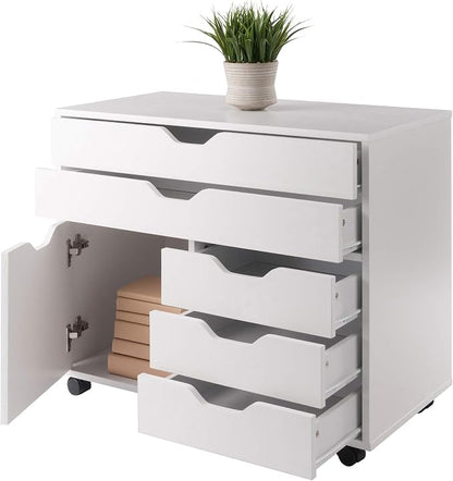 Winsome Halifax Mobile Storage Cabinet with 1 Door & 5 Drawers in White, Stylish & Functional Home Storage Cabinet for Filing, Kitchen Organization, Moveable Furniture for Office, Dorms, Apartments