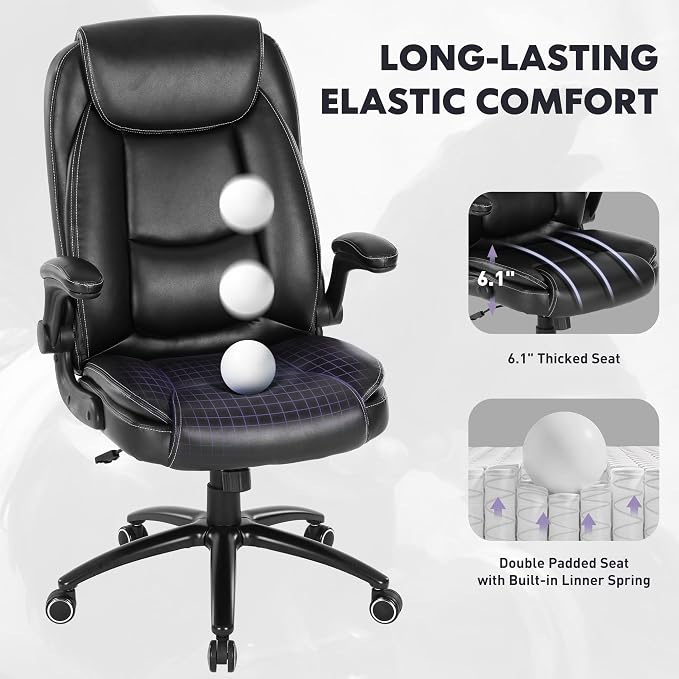 400lbs Capacity Executive Desk Chair Set of 2 with Ergonomic Lumbar Support, Flip-up Arms & High Back Leather Computer Chair for Home/Office, Black