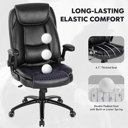 400lbs Capacity Executive Desk Chair Set of 2 with Ergonomic Lumbar Support, Flip-up Arms & High Back Leather Computer Chair for Home/Office, Black