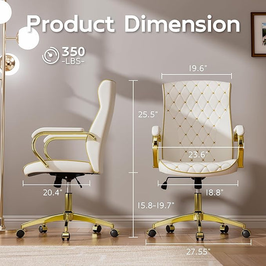 HomeZeer White and Gold Office Chair, Luxury Leather Executive Desk Chair | Elegant Timeless Appeal, Vintage Mid Back Styling with Wheels and Padded Arms, Thick High Density Foam Comfort