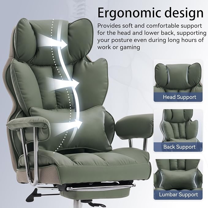 Efomao Executive Office Chair for Heavy People, High Back Computer Chair with Foot Rest, Height Adjustable PU Leather Office Chair,Big and Tall Office Chair (Green)