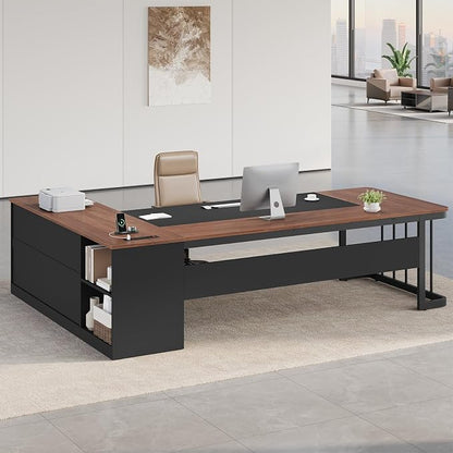UPOSOJA 78.7" Executive Desk, Large Office Desk with Drawers & Storage Shelves, Modern L Shaped Computer Desk Corner Desk with Power Outlets, File Cabinet, Business Furniture Desk Workstation (Walnut)