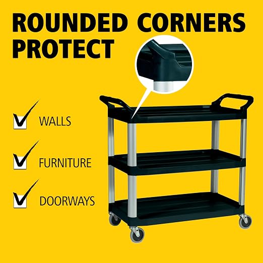 Rubbermaid Commercial Products Heavy Duty 3-Shelf Rolling Service/Utility/Push Cart, 300 lbs. Capacity, Black, for Restaurant/Cleaning/Office use (FG409100BLA)