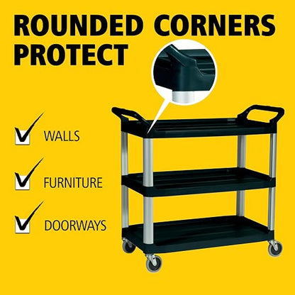 Rubbermaid Commercial Products Heavy Duty 3-Shelf Rolling Service/Utility/Push Cart, 300 lbs. Capacity, Black, for Restaurant/Cleaning/Office use (FG409100BLA)