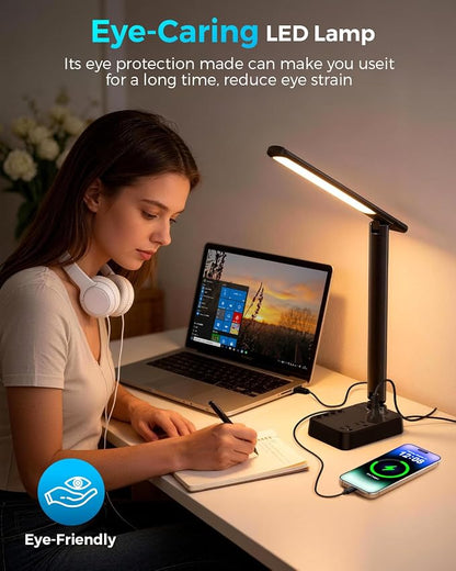 LED Desk Lamp with Power Strip, 3 AC Outlets & 4 USB Ports (2 USB-C), Stepless Dimming & 2800K-6500K Eye-Caring Desk Light, Foldable Table Lamp with 5FT Cord for Home Office, Dorm Room Essentials