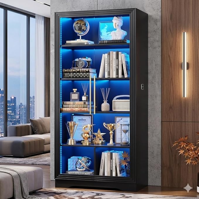 Vlsrka LED Display Cabinet with Glass Doors, Modern Storage Cabinet with 5 Tier Adjustable Shelves, Human Sensor, for Collectibles, 65" Tall Bookcase for Home Office Living Room, Black