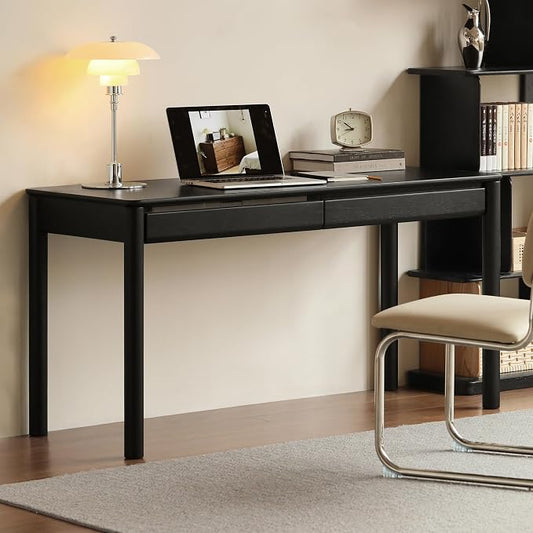 Solid Oak Wood Writing Desk, Smoky Black Home Office Desk with 2 Drawers, Ideal for Work Study Bedroom 47.24" W