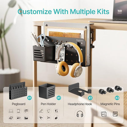 PEGZONE Desk Side Storage Organizer, No Drill Under Desk Laptop Holder, Clamp on Desks Shelf with Pegboard Accessories, Hanging Laptop Mount, Fits Flat Edge 0.4" to 2.2", Black