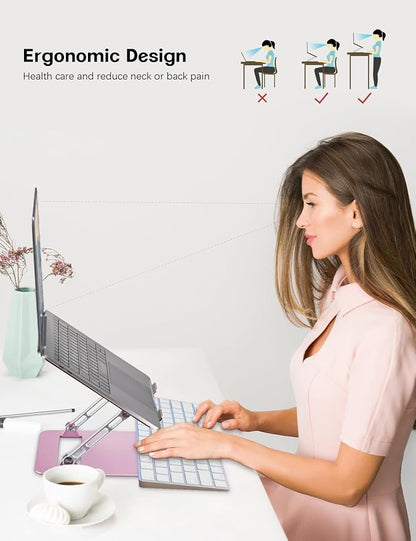 Aoviho Adjustable Laptop Stand for Desk,Portable Laptop Stand Holder and Riser,Foldable Aluminum Notebook Computer Stands for MacBook Air Pro HP Lenovo Dell Samsung, 10-15.6 inch,Blush Rose Silver