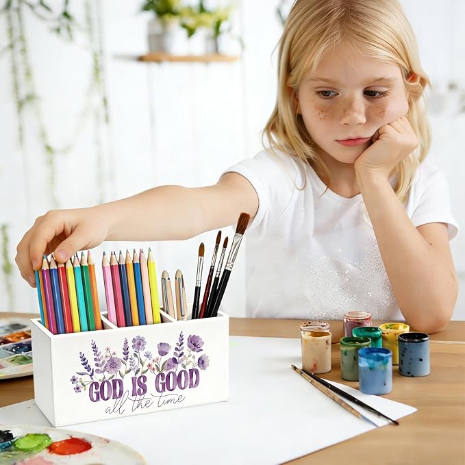 Purple Floral Christian Pen Pencil Holder for Desk, Christian Gifts for Women, God Is Good All the Time Bible Verse Religious Wooden Box Sign Decorations for Home Office Desk Tabletop