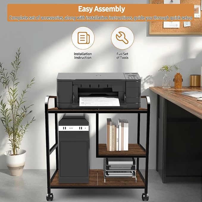 Printer Stand Large Storage for Office: Sturdy Steel Frame Mobile and Printer Table with Adjustable Storage Shelf - Easy Installation and Stability Design Table with Wheels for Scanners Paper File