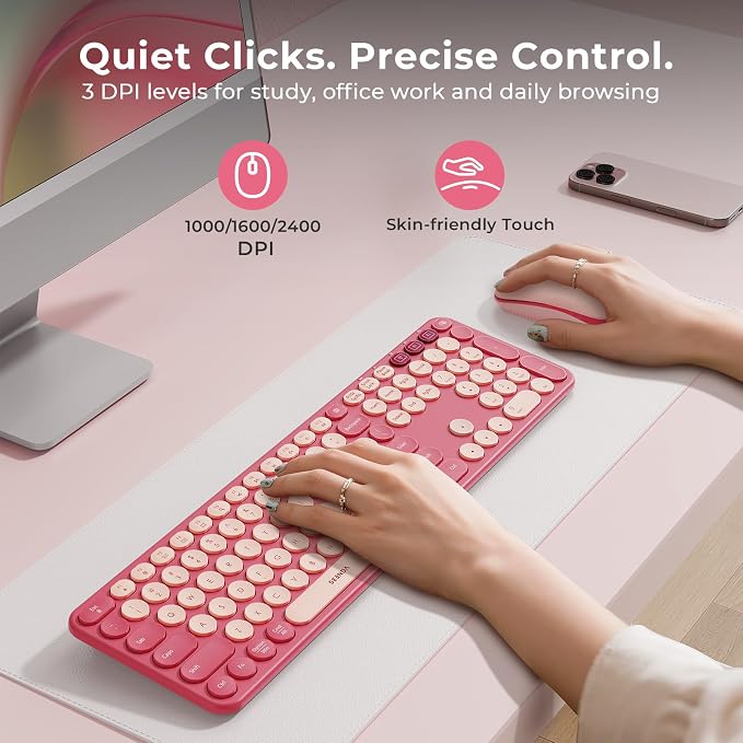 seenda Wireless Bluetooth Keyboard Mouse Combo, COE202 Retro Cute Round Keyboard, Silent Mouse, 3 Multi-Device Connection, Full Size Compatible for PC/Laptop/Mac/MacBook/iPad/Tablet, Pink