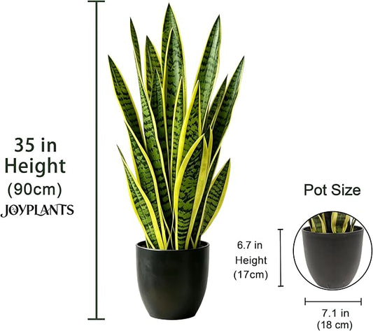 Fake Snake Plant 35'',3ft Artificial Gold Snake Plants Indoor with Black Planter, Realistic Faux Sansevieria Potted for Home Decor, Low Maintenance Greenery for Desk Office Corner Bedroom