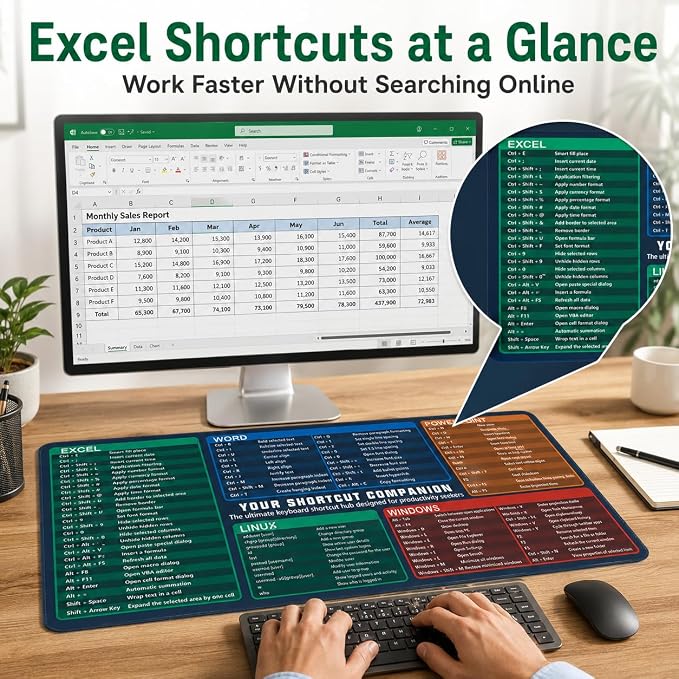 Excel Cheat Sheet Desk Pad Set, 3-Piece Office Shortcut Mouse Pad with Keyboard Wrist Rest & Mouse Wrist Rest, Excel Word PowerPoint Windows Shortcut Mat for Accountants, Students, Carbon Black