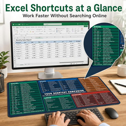 Excel Cheat Sheet Desk Pad Set, 3-Piece Office Shortcut Mouse Pad with Keyboard Wrist Rest & Mouse Wrist Rest, Excel Word PowerPoint Windows Shortcut Mat for Accountants, Students, Carbon Black