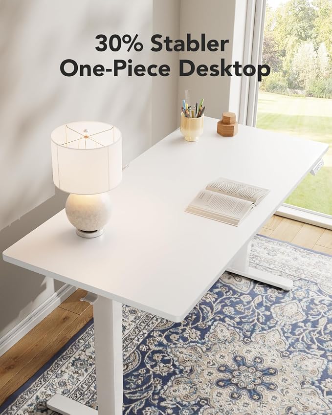 HUANUO Electric Standing Desk, Whole Piece Desktop, Adjustable Height Computer Desk, 4 Height Memory Settings, Sit Stand Up Desk for Home Office, 55" x 27", White