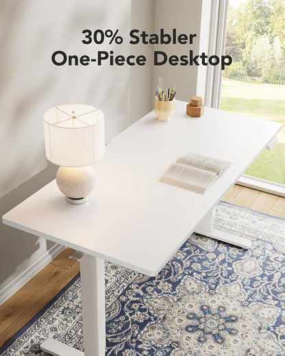 HUANUO Electric Standing Desk, Whole Piece Desktop, Adjustable Height Computer Desk, 4 Height Memory Settings, Sit Stand Up Desk for Home Office, 55" x 27", White