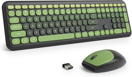 Surmen Dark Green Keyboard and Mouse Wireless Quiet, Full-Size Girly Cute Keyboard Mouse Retro Typewriter Low-Noise 2.4GHz for Computer, Desktop, Laptop (6-Black Green)