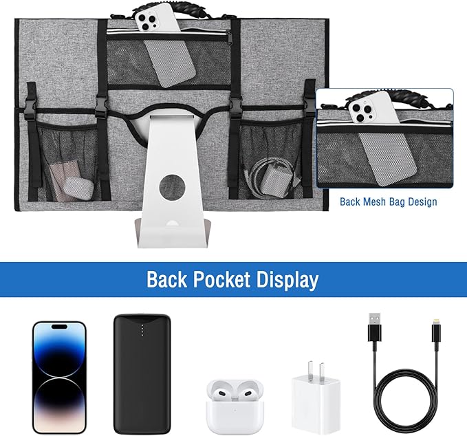 MOSISO Monitor Carrying Case, 27 inch Padded Monitor Travel Bag Cover Case, Protective Computer Monitors Handbag Dust Covers with Adjustable Shoulder Strap & 3 Pockets for 27 inch Monitors, Gray