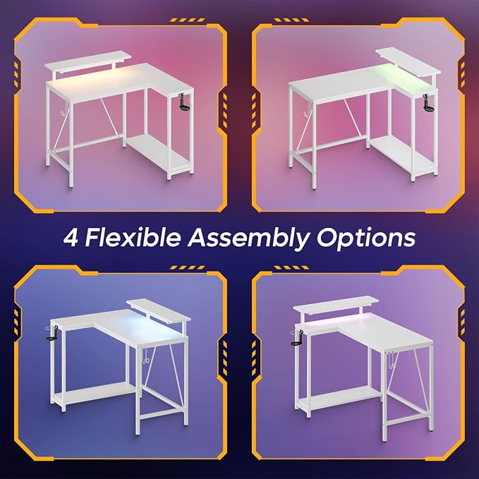 Pinmoco 42" Reversible Small L-Shaped Gaming Desk with LED Lights, White | corner desk fits small spaces, monitor stand, cup holder, headset hook, carbon fiber surface, for gaming and home office