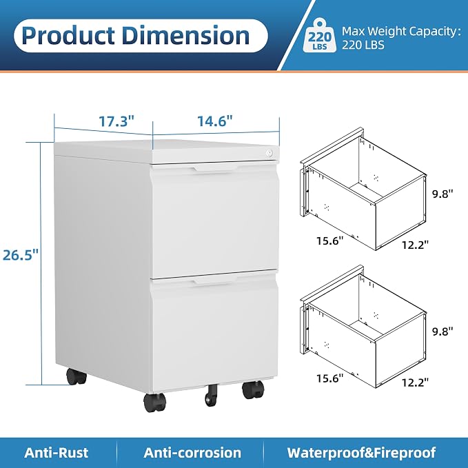 File Cabinet with Lock, 2 Drawer Mobile File Cabinet with Wheels, Metal Vertical File Cabinets for Home Office, Rolling Filing Cabinets Under Desk Storage for Letter/Legal/A4 Files