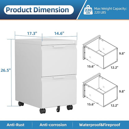 File Cabinet with Lock, 2 Drawer Mobile File Cabinet with Wheels, Metal Vertical File Cabinets for Home Office, Rolling Filing Cabinets Under Desk Storage for Letter/Legal/A4 Files