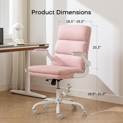 amseatec Office Chair Adjustable Desk Chair Mid Back Executive Comfortable Fabric Ergonomic Back Support Home Computer Chair with Padded Flip-up Armrest Swivel Wheels (Pink)