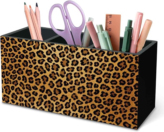 DILSJ Trendy Retro Leopard Pen Pencil Holder Organizer for Desk, Cheetah Print Room Decor, Golden Cheetah Print Office Supplies Wooden Box Signs for Women Office Desk Tabletop Decoration